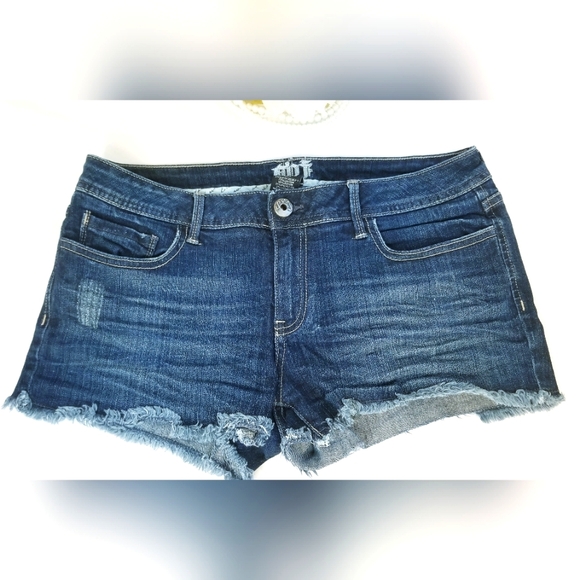 Frayed Hem Dark Wash Denim Shorts - Picture 1 of 8